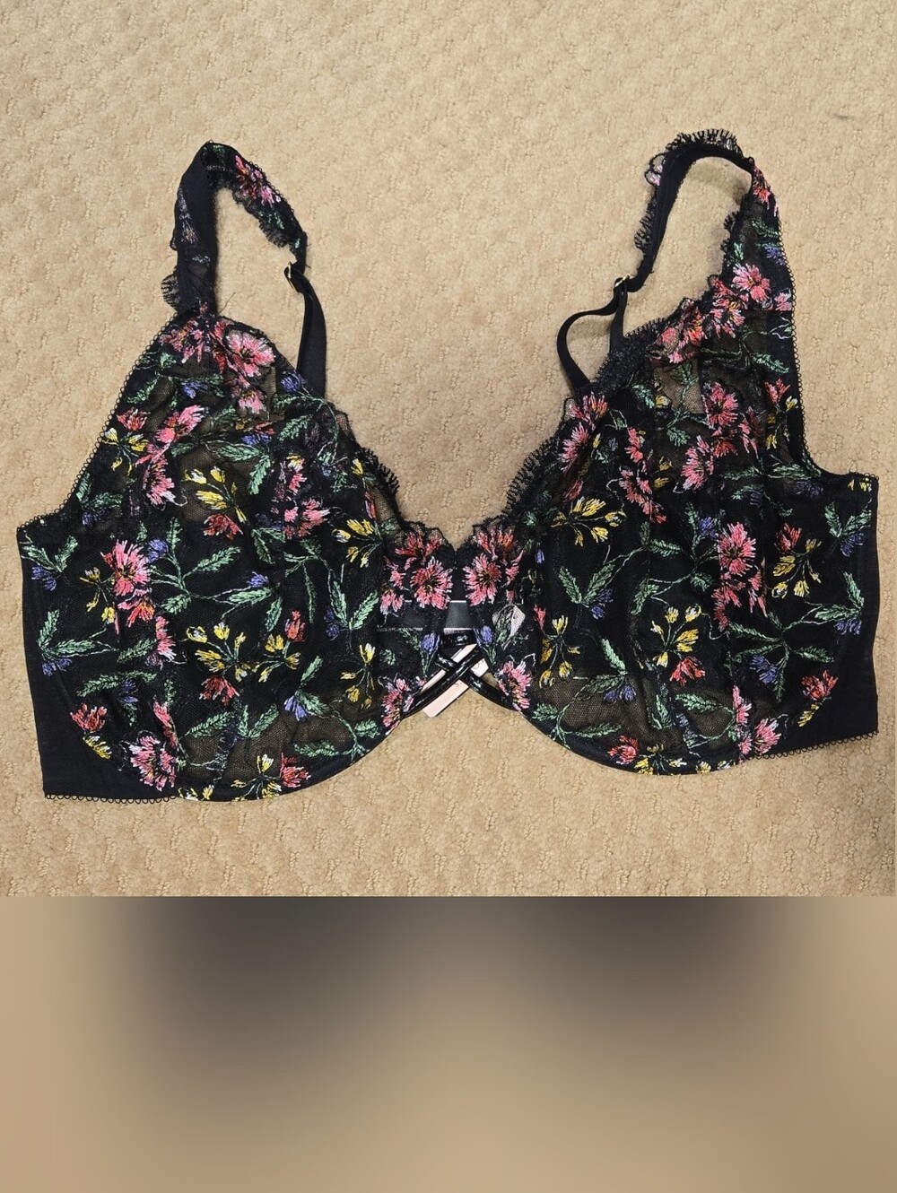 Victoria's Secret Black Lace Bra with Pink & Green Floral Embroidery 42G